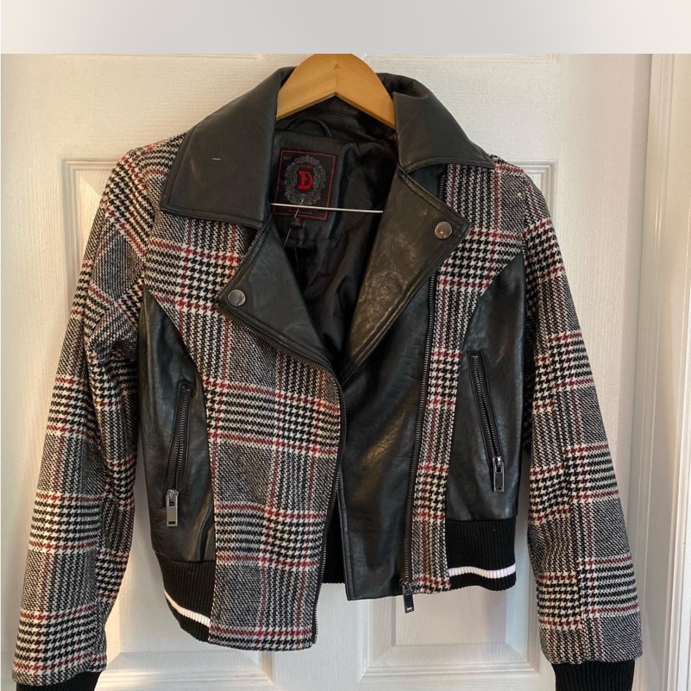Black and Gray Leather Moto Jacket with Plaid Accents